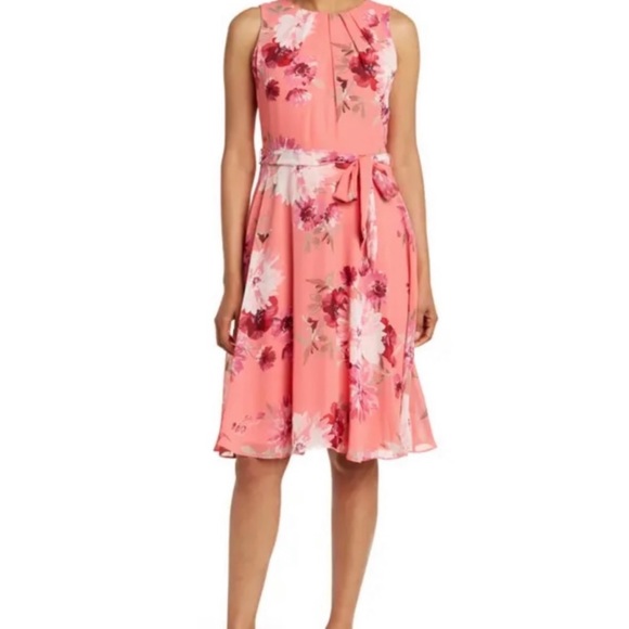 Eliza J Dresses & Skirts - Eliza J Coral Sleeveless Pleated Neck Fit & Flare Dress Size 10